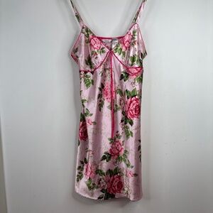 VTG Y2K Adonna Satin Babydoll Slip Dress L Rose Floral  Nightgown Coquette Fairy